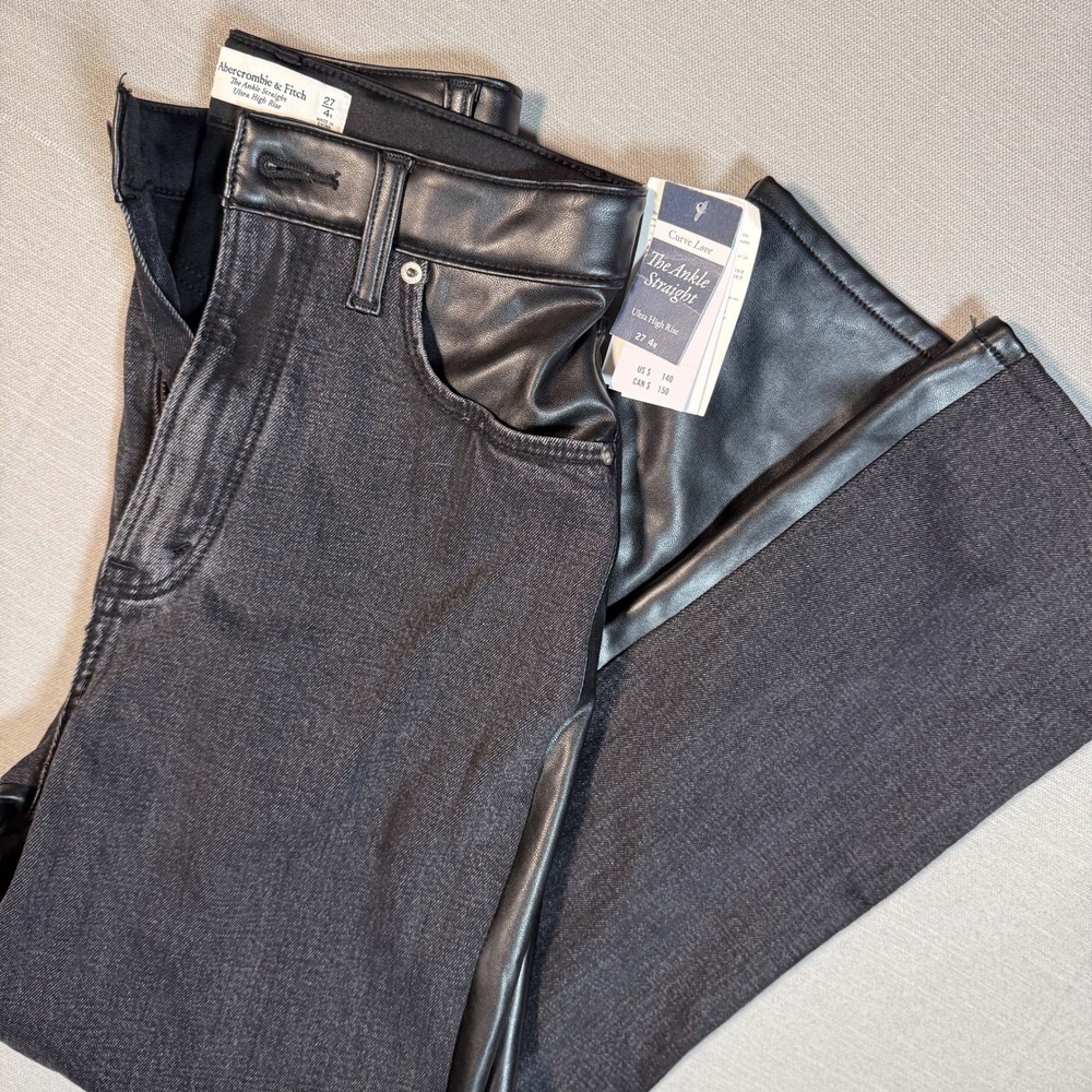 Abercrombie Curve Love Ultra High Rise Ankle Straight Vegan Leather Mix Jeans 27